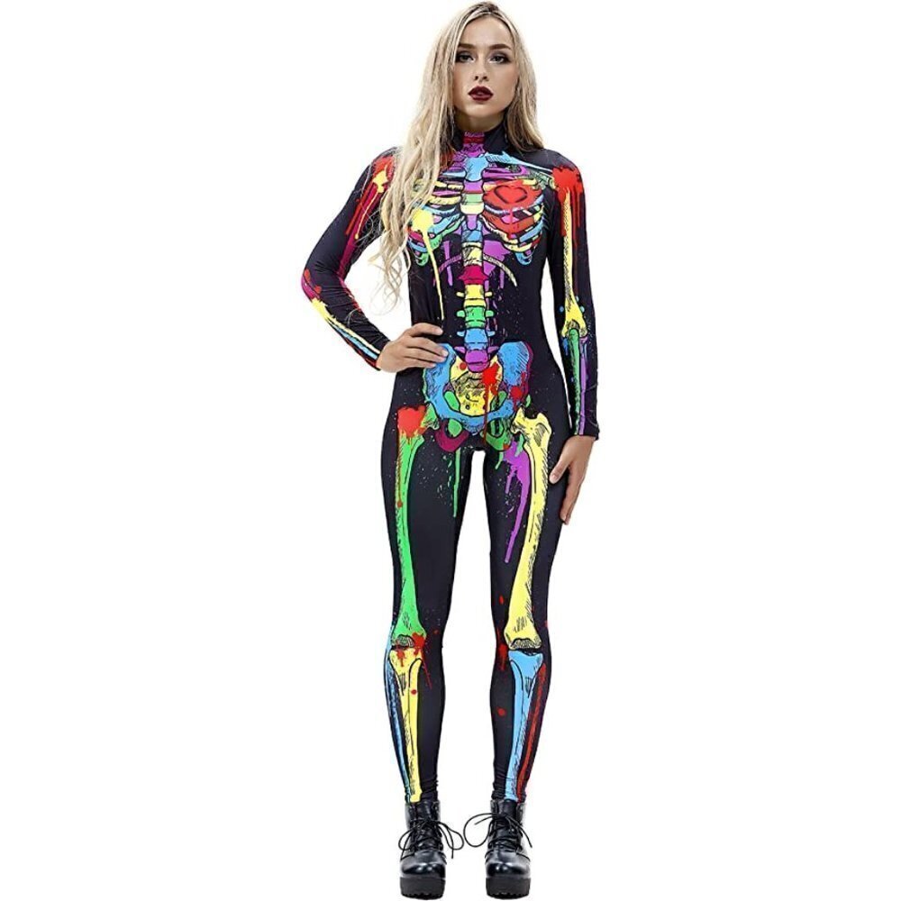 3D Skeleton Halloween Costume Cosplay Jumpsuit Bodysuit Colorful Long Sleeve NWT